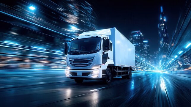White truck driving through blue light portal with cityscape background at night - Powered by Adobe