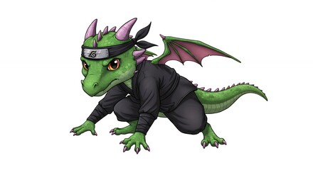 Obraz premium Cute green dragon ninja character illustration