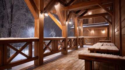 Wooden chalet under heavy snowfall lit by hanging outdoor lights long exposure effect capturing soft snow motion blur