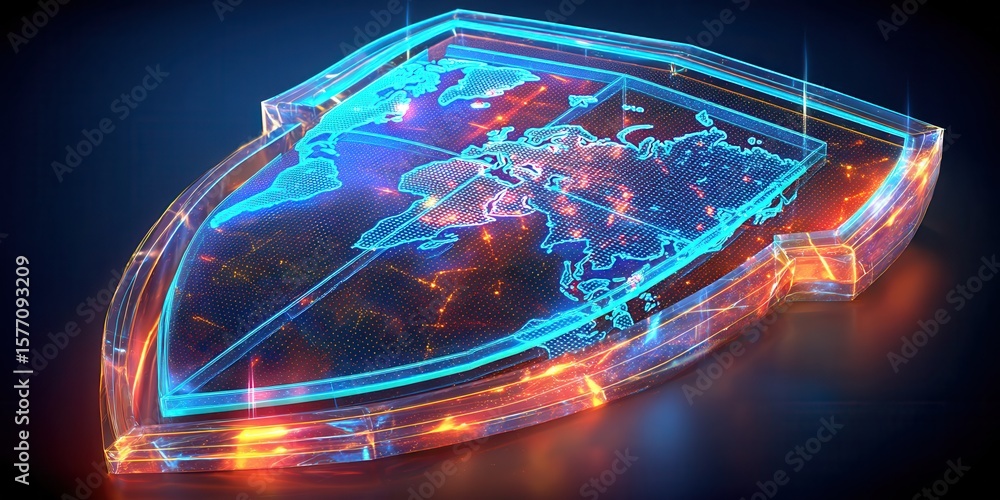 Poster transparent shield with a map of the world for protecting information on the internet