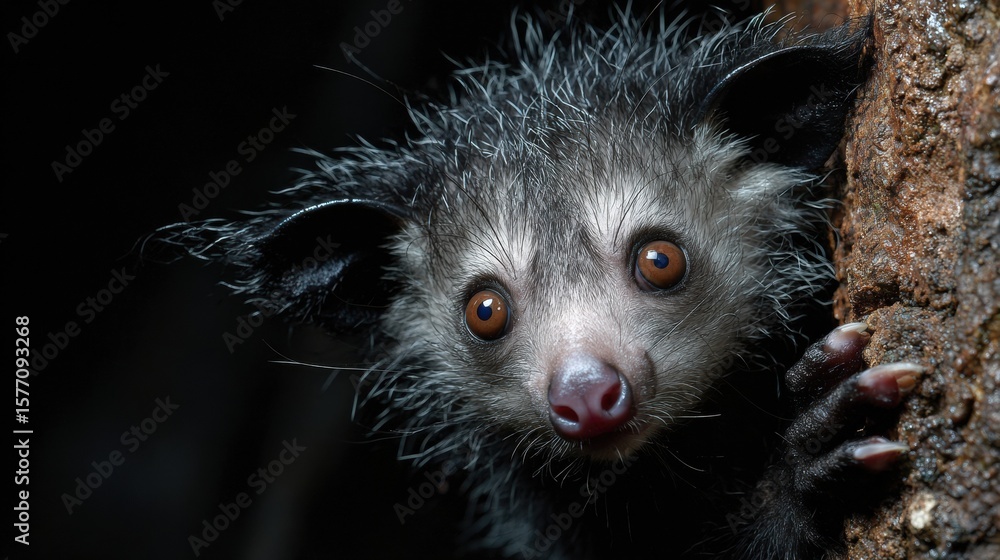 Poster close-up view of an aye-ayes fingers on textured tree bark in dim lighting highlighting its unique f