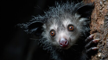 Close-up View of an Aye-Ayes Fingers on Textured Tree Bark in Dim Lighting Highlighting Its Unique Features and Habitat