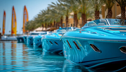 Luxury yachts docked along a tropical waterfront promenade with sailboats and palm trees