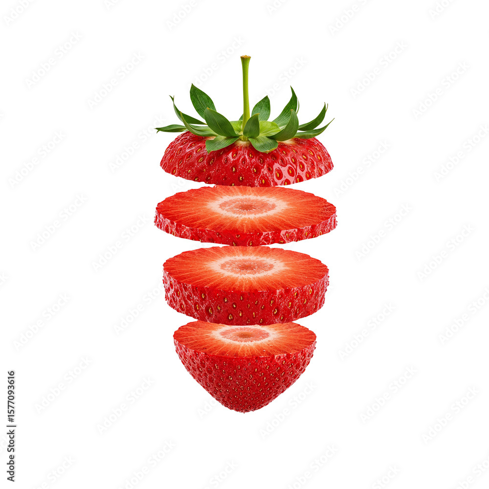 Poster deconstructed strawberry layers hovering in space transparent isolated composition