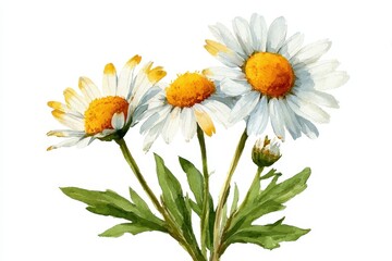Watercolor illustration of three daisies with leaves, isolated on white background