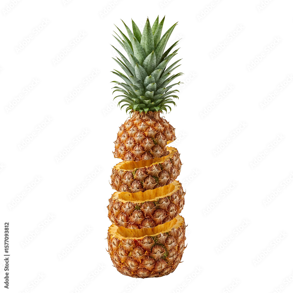 Poster creative presentation of a sliced pineapple displaying freshness and deliciousness on transparency