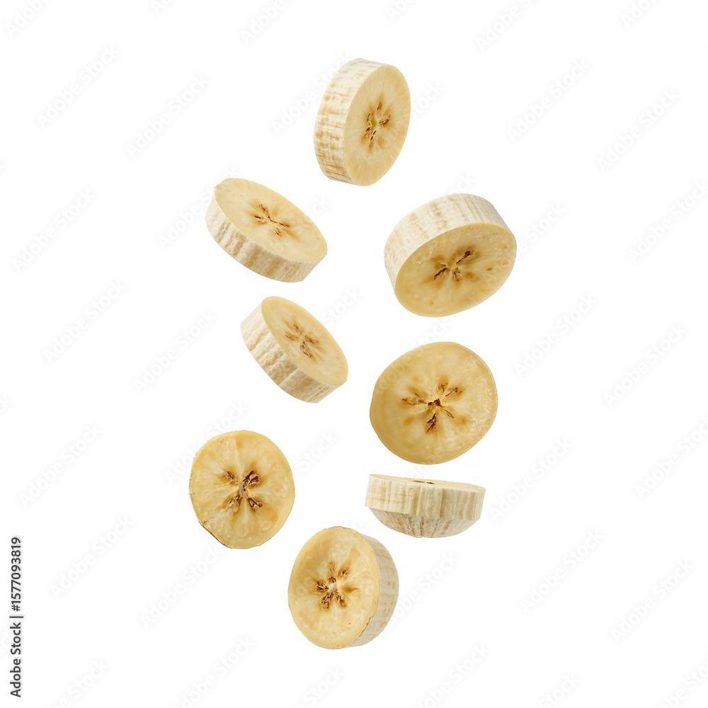 Poster arrangement of sliced bananas against an isolated transparent background showcasing simplicity and