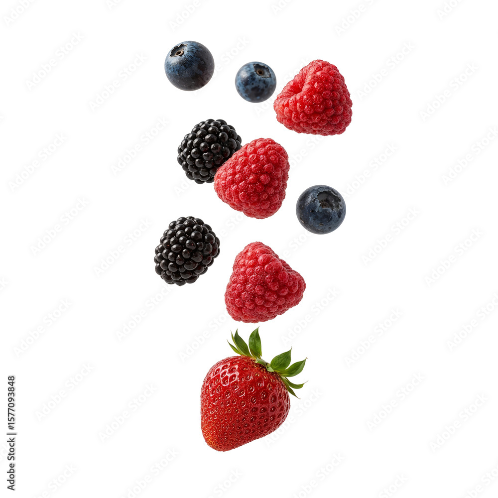 Aufkleber assorted berries in freefall on an isolated background offering vibrant color and tempting