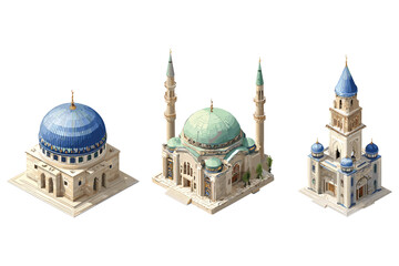Fototapeta premium a collection of isometric mosques in Middle Eastern style, featuring turquoise domes and golden spires