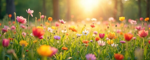 Vibrant spring meadow scene with colorful wildflowers in pink, purple, yellow. Flowers overlap, scattered randomly, in haphazard fashion. Forest background with trees, foliage, cool tones. Warm sun