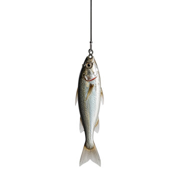 Suspended catch silver fish hooked isolated on transparent backdrop fresh seafood aquatic animal