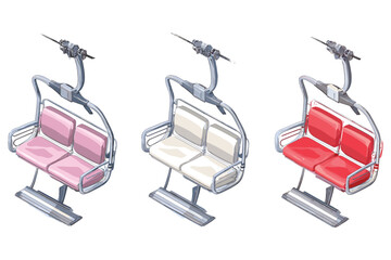 set of isometric ski lift chairs for winter resort design, featuring colorful empty cable cars in flat 3D style