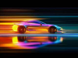 Neon-lit sports car speeding through a futuristic cityscape at night