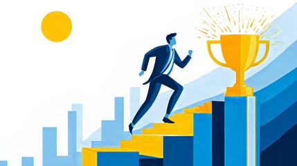 Determined businessman climbing bar chart stairs to glowing trophy