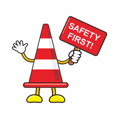 cone cartoon character hold the board with safety first text concept