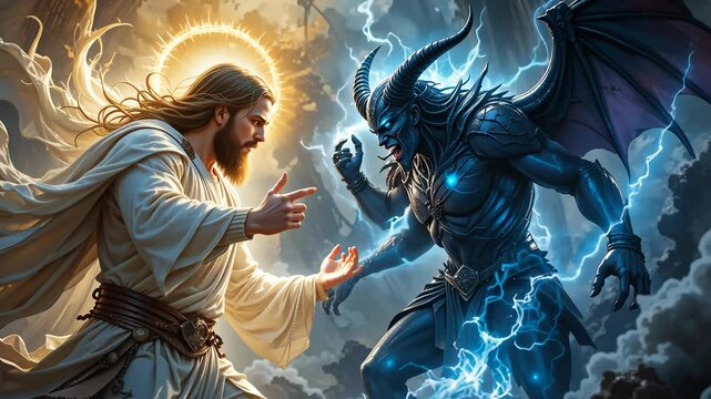 Jesus and armored demon facing each other with glowing hands and stormy backdrop. Concept of spiritual battle and good versus evil