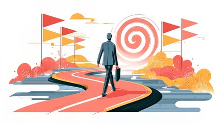 Flat illustration of businessman walking to success on winding road