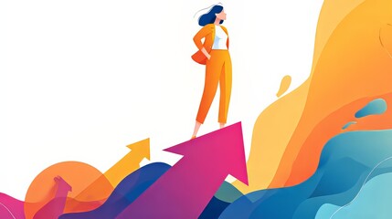 Business success concept with proud woman on giant arrow