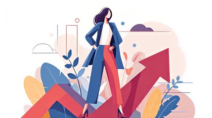 Businesswoman proudly symbolizing growth on upward arrow