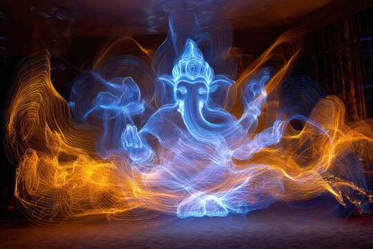 ganesha made of light projection on dark brick wall