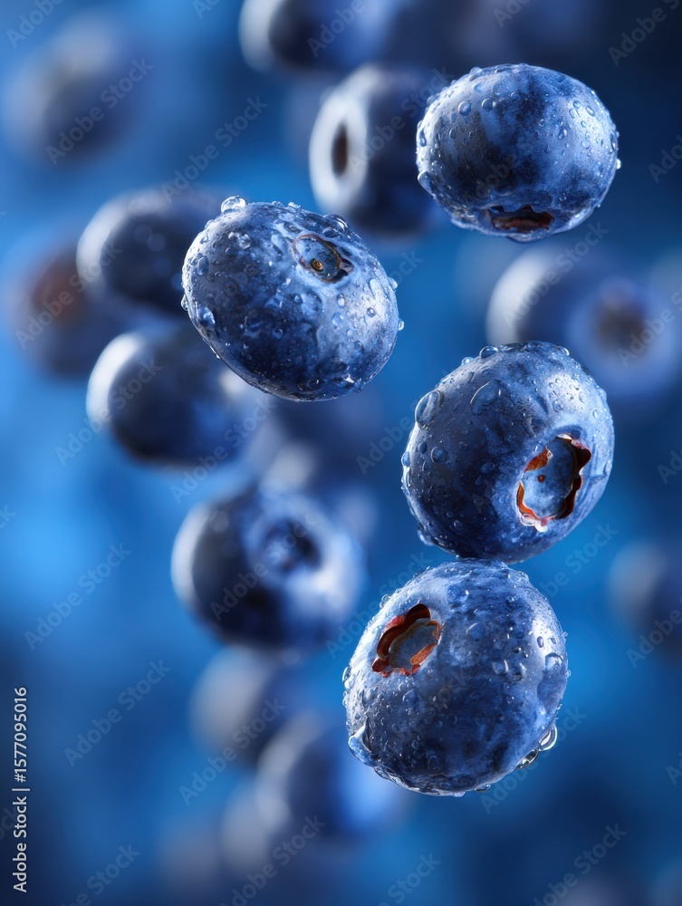 Poster blueberries suspended in mid-air with freeze motion effect, creating a vibrant and refreshing visual