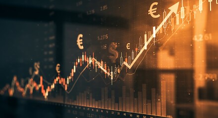 Obraz premium An illuminated financial market graph with prominent candlestick charts and a strong upward arrow, surrounded by Euro and Dollar symbols, representing significant economic growth.