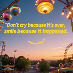 A sign with a smiling face and the words "Don't cry because it's over, smile because it happened." is displayed above a carnival