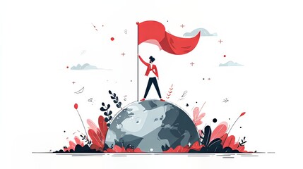 Global achievement concept with businessman holding flag