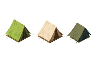 variety of isometric camping tents for outdoor recreation design, featuring colorful triangle and dome tents in flat 3D style