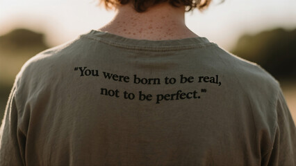 A person is wearing a green shirt with a quote on the back that says "You were born to be real, not to be perfect."