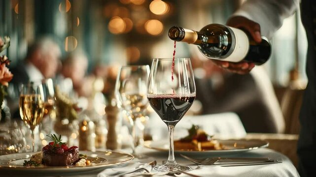An elegant waiter expertly pouring wine into a glass at a fine dining restaurant, focus on hands and wine bottle, blurred background of diners, sophisticated, ultra-detailed,