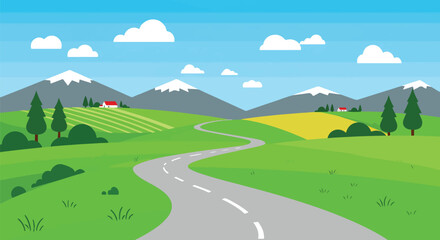 Adobe Illustrator Artwork A scenic illustration featuring a winding road leading towards a distant cityscape, framed by lush greenery and a prominent wooden arrow sign
