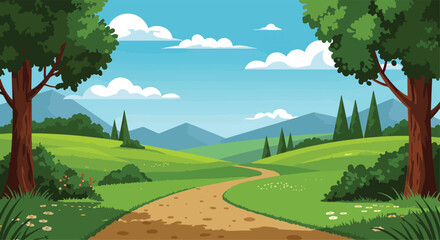 Adobe illustrator vector flat style illustration of a winding dirt path meandering through a lush green landscape with rolling hills, a vibrant forest, and majestic mountains under a clear blue sky