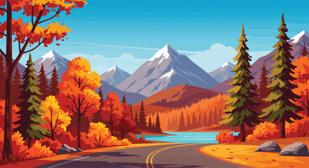 Adobe Illustrator Artwork of a scenic autumn landscape with a winding road, a calm blue lake, majestic snow-capped mountains in the distance, and vibrant orange and yellow foliage on the trees