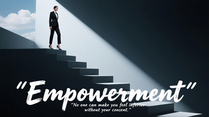A woman is walking up a set of stairs with the words "empowerment" written below her