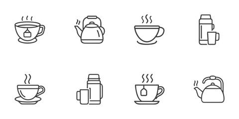 Tea icon set for cafe menus, beverage blogs, tea shop websites, culinary clipart, product design, and hospitality presentations