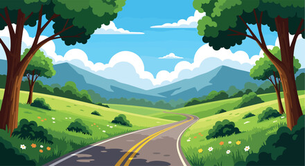 Adobe illustrator vector flat style illustration of a scenic road winding through green hills and meadows, with majestic mountains in the distance and lush trees framing the view under a cloudy blue