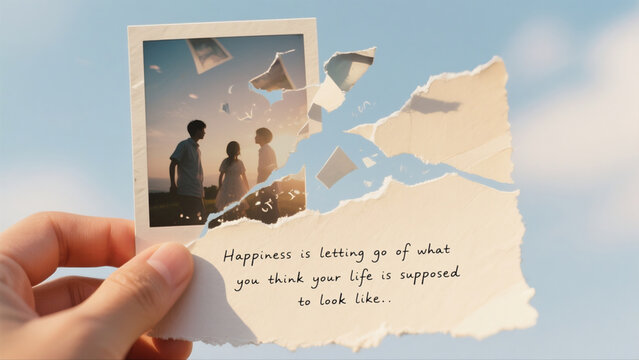 A hand holding a torn piece of paper with the words "happiness is letting go of what you think your life is supposed to look like" written on it