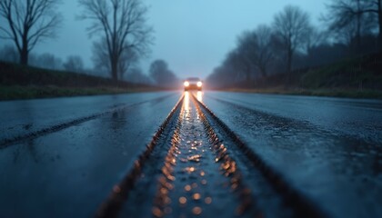 Wet asphalt road with multiple tire tracks leads to the horizon. Overcast sky casts soft light on wet road, silhouettes of distant trees. Ground-level perspective, expansive scene.