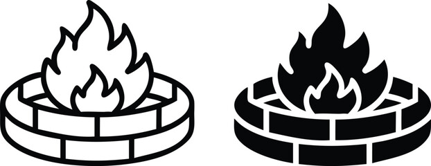 Fire Pit Icon Vector, Outdoor Brick Flame Outline and Solid Campfire Symbol