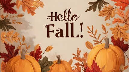 Autumn greeting card with hello fall text, pumpkins and colorful leaves on beige background