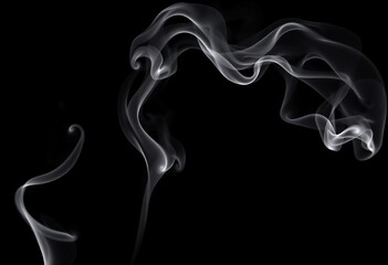 Wispy tendrils of grey smoke curl and dissipate against a stark black background, dramatic, mystical