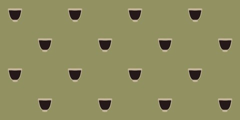 A pattern of evenly spaced, stylized coffee cups is set against an olive green background. The simplistic design uses a minimalist approach with dark cup shapes.