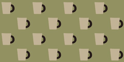 A repeating pattern of beige coffee mugs is set against an olive green background, with each mug featuring a dark handle. The uniform arrangement creates a simple and cohesive design.
