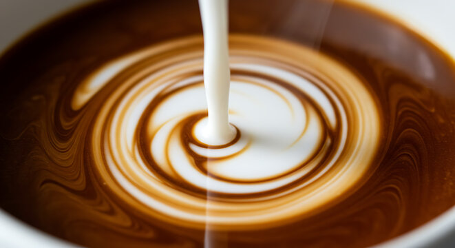 Creamy Latte: Milk Pouring into Coffee Close-Up