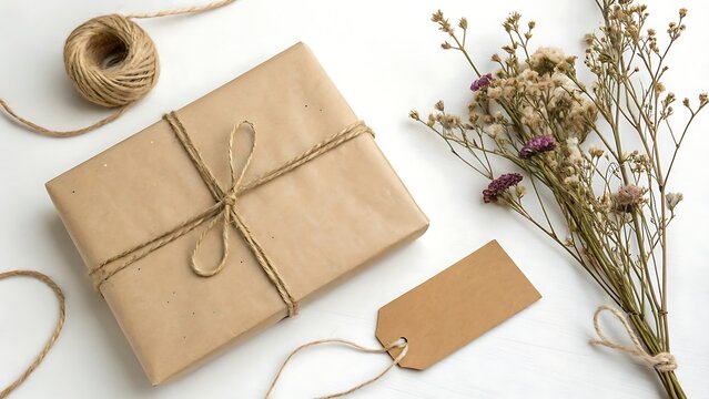 A wrapped gift with dried flowers and twine sits on a white wooden table