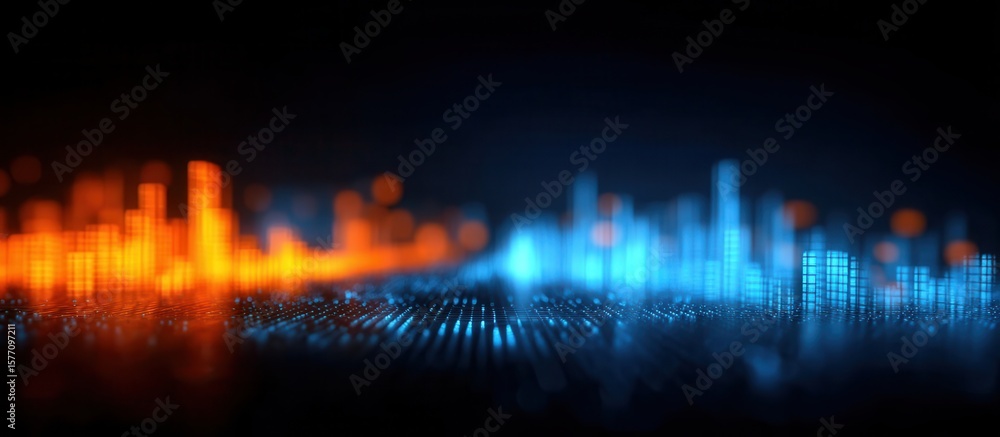 Poster abstract glowing charts and graphs represent digital data and blurred city lights background
