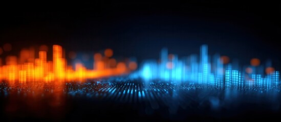 Abstract glowing charts and graphs represent digital data and blurred city lights background