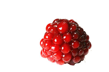 a close up of a raspberry on a white surface