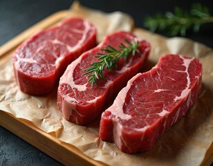 Three pieces of brown colored beef steak with marbling. Arranged in triangular formation on wooden chopping board. Dining table setting in blurred background with rosemary sprig and paper roll.